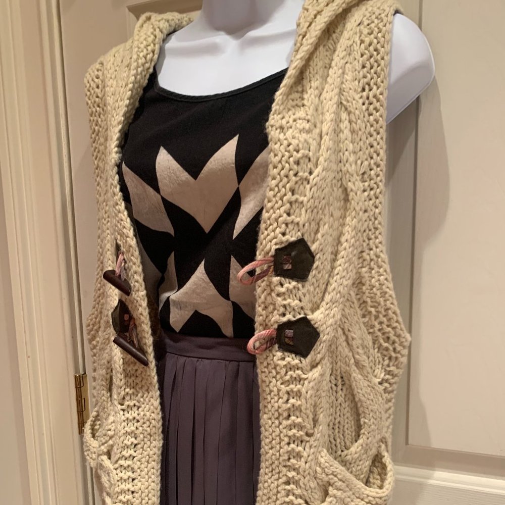 Free People Cream Knit Hooded Vest, Size L